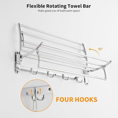 BESy 24 Inch Polished Chrome Towel Racks, Bathroom Towel Shelf with Foldable Towel Bar Holder and Towel Hooks, Wall Mounted Multifunctional Bathroom Accessories, Double Towel Bars