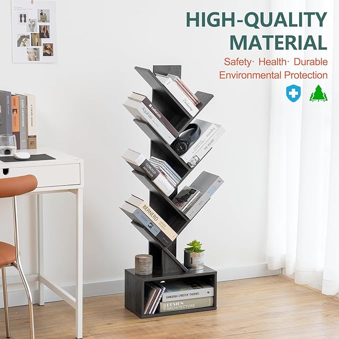 Yoobure Tree Bookshelf - 6 Shelf Retro Floor Standing Bookcase, Tall Wood Book Storage Rack for CDs/Movies, Utility Book Organizer Shelves for Bedroom, Living Room, Home Office, Dark Grey