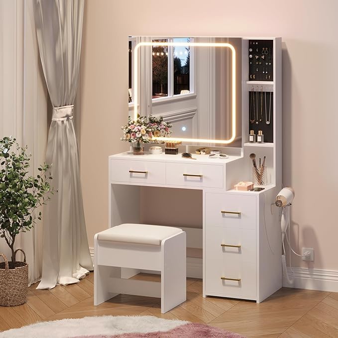 IDEALHOUSE Vanity Desk with Mirror and Lights, Makeup Vanity Set with Drawers & Chair, 3 Light Mode and Brightness Adjusted & Power Outlet, Dressing Table with Hairdryer Holder for Bedroom