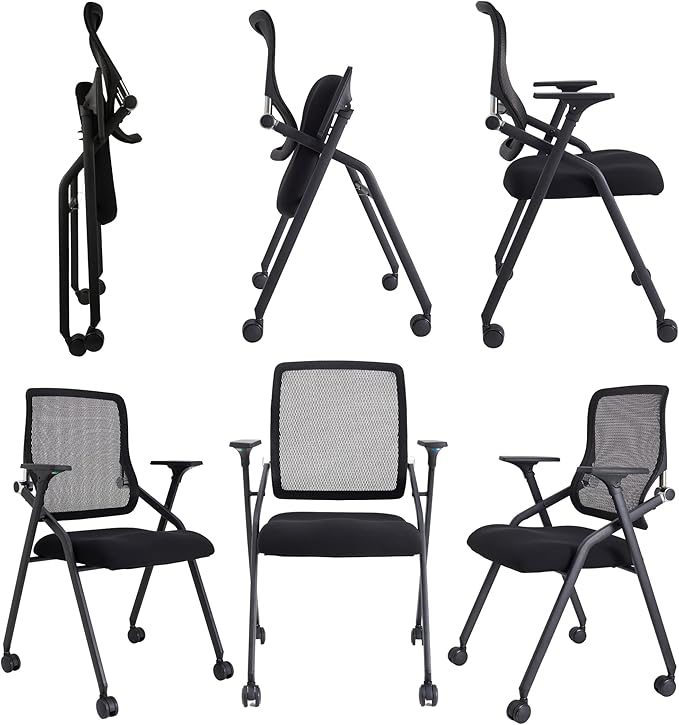 Updated Conference Room Chairs, Folding Office Desk Chair with Lumbar Support and Sliding Armrest with Casters, Stackable Office Guest Chairs & Reception Chairs, 6 Pack Black