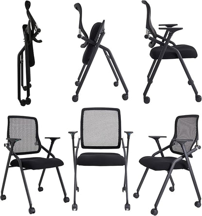Updated Conference Room Chairs, Folding Office Desk Chair with Lumbar Support and Sliding Armrest with Casters, Stackable Office Guest Chairs & Reception Chairs, 6 Pack Black