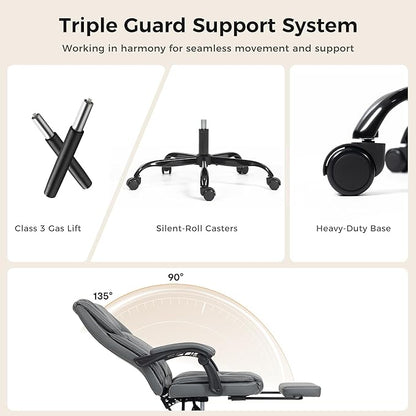 Office Chair with Footrest, Executive Breathable Leather Office Desk Chair with Lumbar Support - Ergonomic Comfy Wide Reclining Swivel Rolling Gaming Computer Chair with Adjustable 90-135° High Back