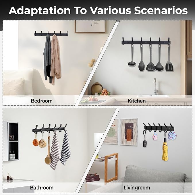 Dntorx Coat Rack Wall Mount, 2 Pack Coat Hooks Hanger Wall Double Hook Rack Rail Towel Hat Rack Entryway Bathroom Hanger Organizer for Robes, Clothes, Bags, Hat(Black)