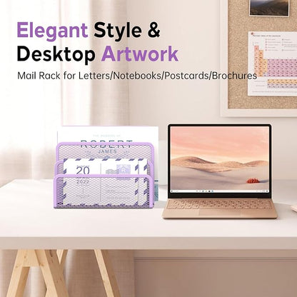 SUPEASY Mail Organizer for Desk, Mesh Metal Mail Holder Countertop with 3-Slot, Letter Sorter File Holder, Office Envelope Organizer for Mails (Purple)