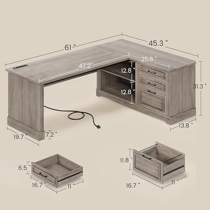 SEDETA Executive Desk, 61" Farmhouse L Shaped Desk with File Drawers, Office Desk with Drawers and Power Outlets, Computer Desk with Storage Shelves for Home Office, Grey