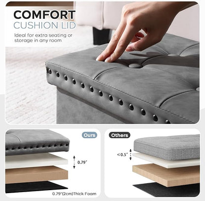 oakvivo Storage Ottoman Cube 16x12x12 inches, Small Faux Leather Tuffed Foot Rest Stool with Rivet Design, Foldable Ottomans Footstool, Box Chest for Bedroom, Entryway, Load 242 lb, Grey