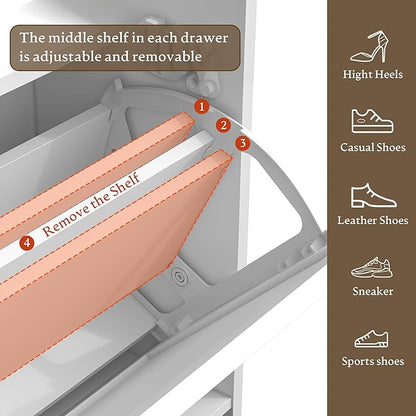 Shoe Cabinet with Odor Control Deodorizer and Back Panel, Farmhouse Narrow Shoe Storage Cabinet Rack for Entryway with 2 Flip Drawers and 2 Top Drawers, Adjustable Shelves, Side Hooks