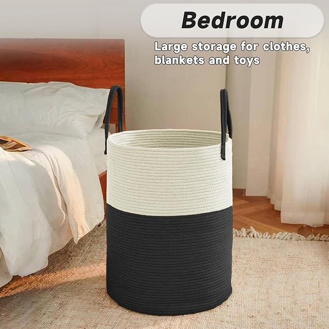 JMvicyroam Large Woven Laundry Basket Hamper,60L Cotton Rope Storage Bin for Blankets,Toys and Clothes,Decorative Tall Nursery Hamper for Living Room,Baby Nursery,Bathroom and Bedroom,White and Black