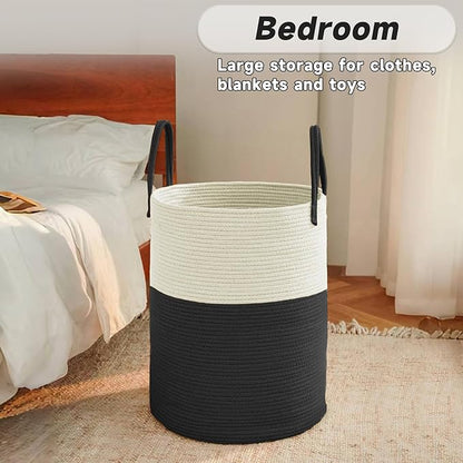 JMvicyroam Large Woven Laundry Basket Hamper,100L Cotton Rope Storage Bin for Blankets,Toys and Clothes,Decorative Tall Nursery Hamper for Living Room,Baby Nursery,Bathroom and Bedroom,White and Black