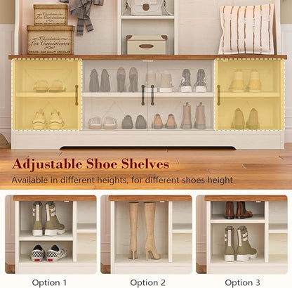 Hall Tree with Bench and Shoe Storage, Farmhouse Entryway Bench with Coat Racks and Led Lights, Large Hall Tree with 12 Coat Hooks, 8 Storage Cubbies, Adjustable Shelf