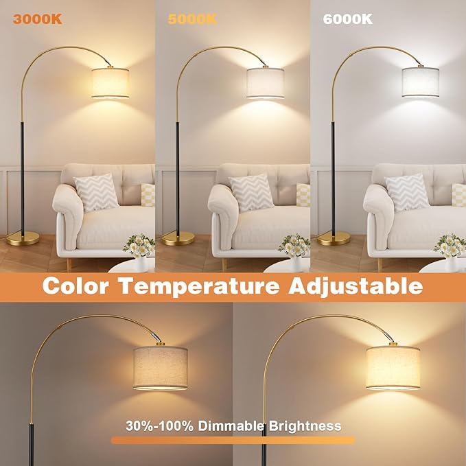 Ambimall Dimmable Arc Floor Lamp with Remote, Color Temperatures and Brightness Adjustable, Arched Floor Lamp with Rotating Head, Over Couch Arched Reading Light for Living Room (Black and Gold)