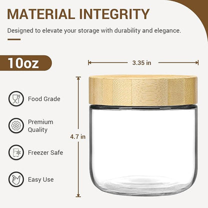 NETANY 4-pack 10oz Glass jars with Airtight Lids, Overnight Oats Containers with Bamboo Lids, Wide mouth Mason Salad jars, Glass Food Storage Containers for Snacks Yogurt Spice Sugar