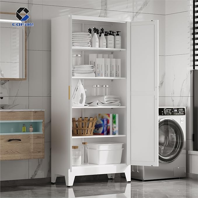 COFaR 71 in Tall Kitchen Pantry Cabinet, Metal Pantry Storage Cabinet with 4 Adjustable Shelves and 2 Barn Doors, White Freestanding Farmhouse Food Cupboard for Dining Room Living Room