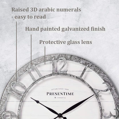 Presentime & Co 13" Farmhouse Series Wall Clock, Quartz Movement, Shiplap Style,Raised 3D Arabic Numeral, Galvanized Finish