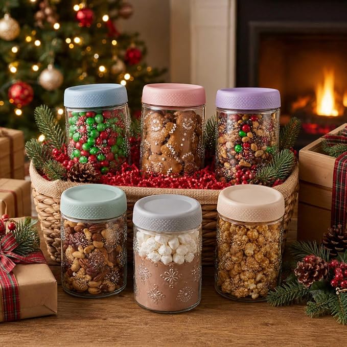Glass Overnight Oats Containers with Airtight Lids, Decorative Mason Jars | Glass Food Storage Containers for Meal Prep, Chia Seed Pudding, Salad, Snacks, Yogurt, 6 pack16oz, Wide Mouth,Dishwasher Safe