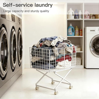Rolling Laundry Basket with Wheels - 27" Elevated Wire Laundry Hamper, 80L Sturdy Metal Laundry Cart, 10-Min 8-Screw Assembly, Ergonomic No-Bending Mobile Clothes Bin for Laundry Room (White)