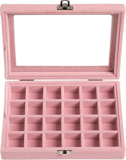 Frebeauty 24 Grid Jewelry Tray,Velvet Stud Earring Organizer,Small Jewelry Organizer with Clear Lid,Lockable Earring Holder Organizer Jewelry Boxes & Organizer Ring Holder for Women & Girls(Pink)