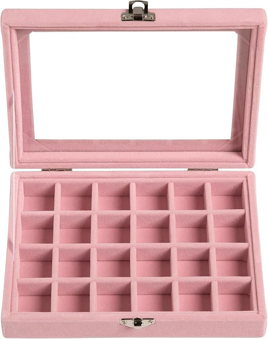 Frebeauty 24 Grid Jewelry Tray,Velvet Stud Earring Organizer,Small Jewelry Organizer with Clear Lid,Lockable Earring Holder Organizer Jewelry Boxes & Organizer Ring Holder for Women & Girls(Pink)