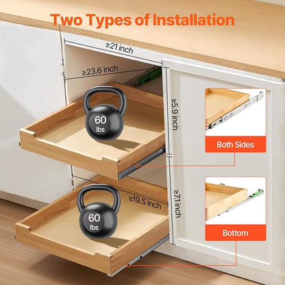 VEVOR Pull Out Cabinet Organizer, 20"W x 21"D Cabinet Drawer, Soft Close Slide out Shelf, Heavy-Duty Sliding Wood Drawer, Bottom Mount Size（20.5"W x 23"D）and Side Mount Size（21"W x 23"D）