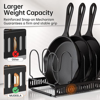 MUDEELA Pots and Pans Organizer Rack for under Cabinet, Expandable 11.81''-22.85'' Pot Lid Kitchen Cabinet Organizer Holder with 10 Adjustable Compartment Cutting Board Organizer for Pan Lid, Bakeware