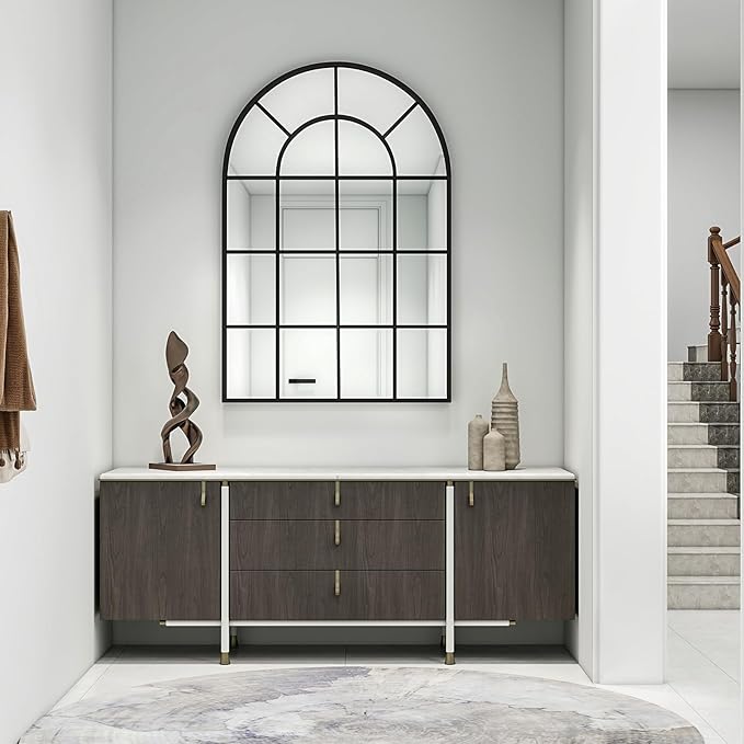 24"×36" Windowpane Arched Wall Mirror, Grid-Designed Decorative Farmehouse Wall Mounted Mirror with Metal Frame Hanging Leaning for Entryway, Living Room, Home Decor, Black