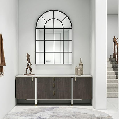 24"×36" Windowpane Arched Wall Mirror, Grid-Designed Decorative Farmehouse Wall Mounted Mirror with Metal Frame Hanging Leaning for Entryway, Living Room, Home Decor, Black