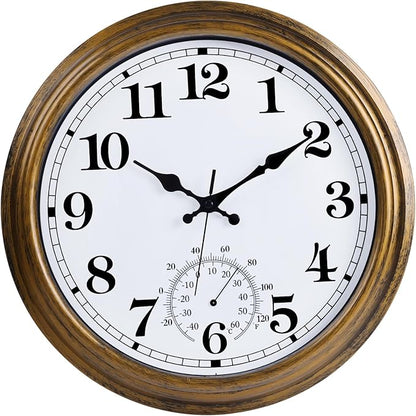 16 Inch Large Outdoor Clock, Retro Waterproof Indoor/Outdoor Clock Non-Ticking Clock with Thermometer, Battery Operated Wall Clock for Patio, Garden, Pool - Bronze