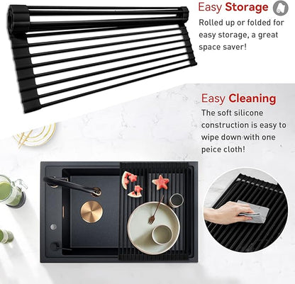 MERRYBOX Roll Up Dish Drying Rack, Silicone Wrapped Over The Sink Dish Rack Foldable Dish Drainer Anti-Slip Dish Racks for Kitchen Counter, Multipurpose Kitchen Sink Drying Rack, 18" x 13", Black