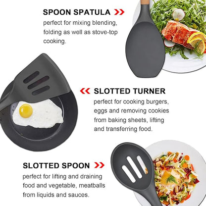 IOCBYHZ Silicone Cooking Utensils Set 5-Piece Non-Stick Kitchen Utensil Set, Wood Handle Heat Resistant Spatula Spoon Turner Soup Ladle Silicone Cooking Kitchen Gadgets BPA Free for Nonstick Cookware