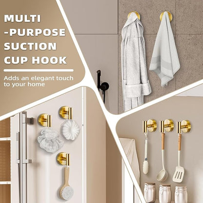 Suction Cup Hooks for Shower - Bathroom Reusable Hooks for Towels, Robes & Loofah - No-Drill Mounting on Kitchen,Walls,Metal,Glass,Mirrors,Tile & Smooth Non-Porous Surfaces (2, Brushed Gold)