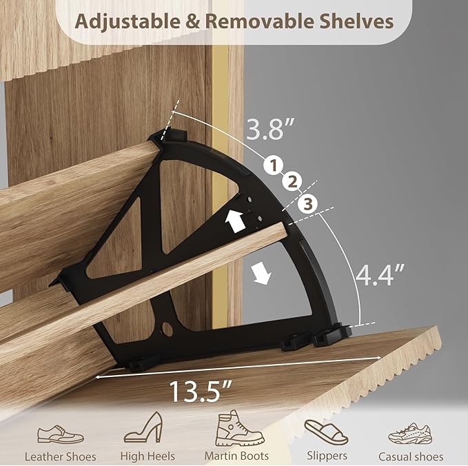 Shoe Cabinet with 4 Flip Drawers and 2 Drawers, Modern Fluted Wood Shoe Storage with Adjustable Shelves, Narrow Slim Shoe Organizer for Entrance, Foyer, Hallway, Nature Oak