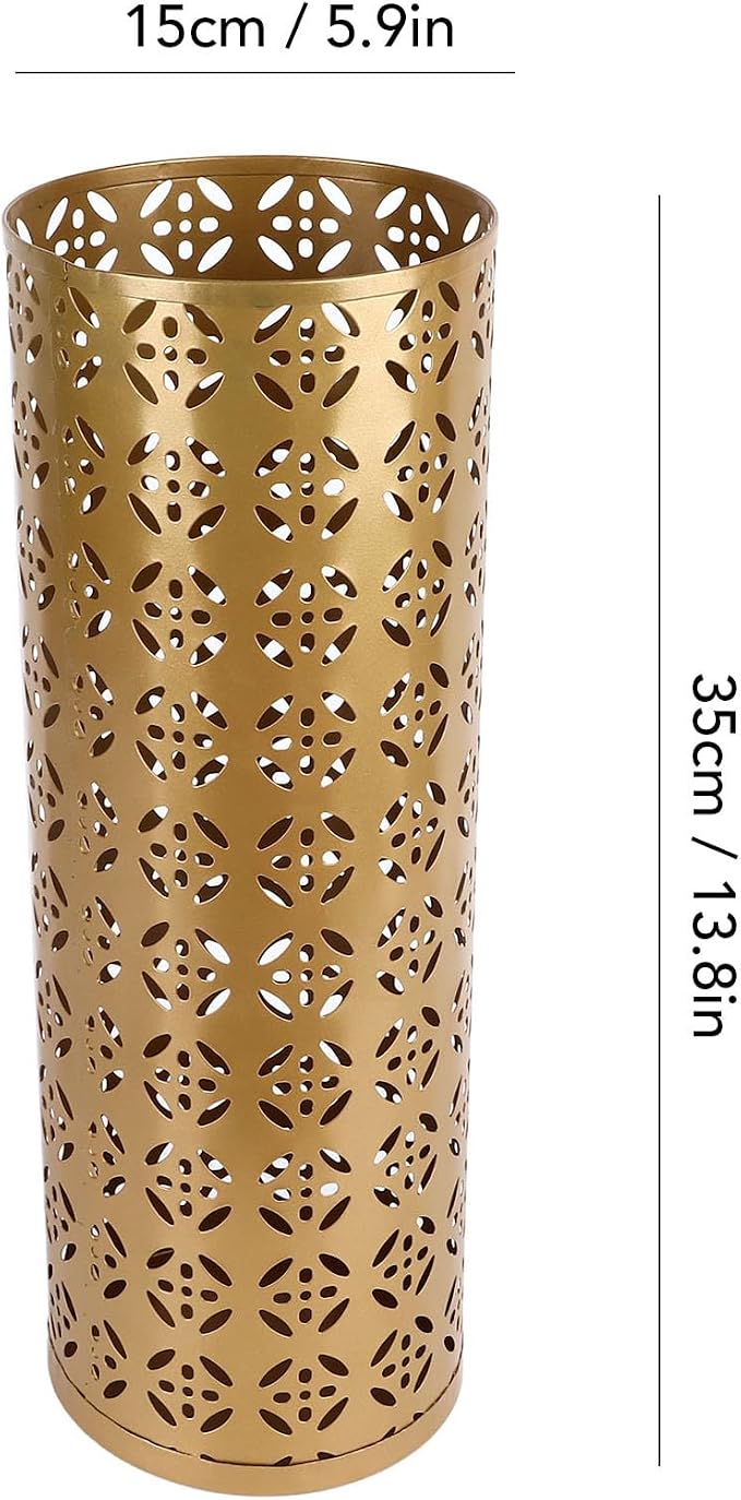 Zerodis Large Round Hollow Design Metal Umbrella Holder, Stylish Gold Finish Steel Umbrella Stand for Entryway, Home Office, and Outdoor Use (M)