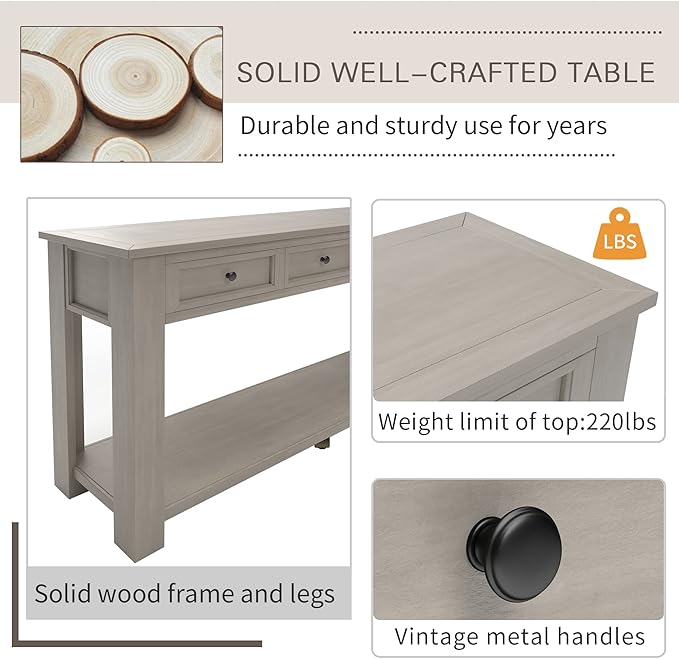 LKTART Solid Wood Console Table,Long Sofa Table Entryway Table with 4 Drawers and Bottom Shelf for Hallway Living Room Couch Table,Easy Assembled (63" Gray Wash)
