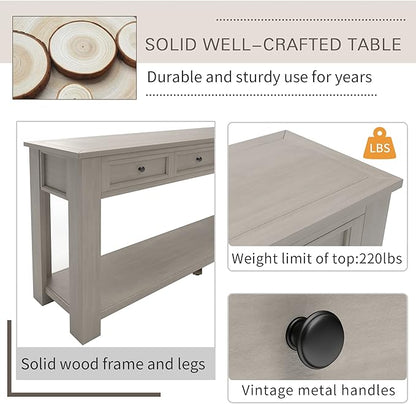 LKTART Solid Wood Console Table,Long Sofa Table Entryway Table with 4 Drawers and Bottom Shelf for Hallway Living Room Couch Table,Easy Assembled (63" Gray Wash)