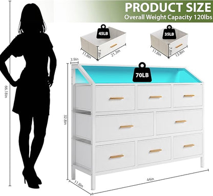 8-Drawer Fabric Dresser with Charging Station and LED Light, Modern Chest of Drawers for Bedroom, 45'' Triple-Wide Storage Cabinet for Closet, Living Room, and Entryway, Metal Handles