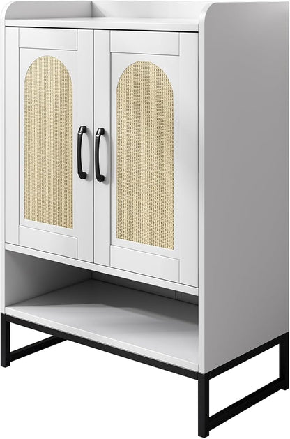 Shoe Cabinet Storage for Entryway, Wooden Shoe Cabinet with 2 Rattan Doors and Adjustable Shelves, Tall Shoe Rack Cabinet for Hallway, Living Room, Modern (White)