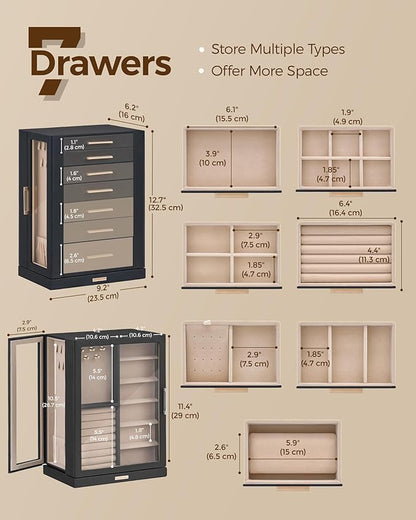 360° Rotating Jewelry Box with 7 Drawers, Spacious Vertical Jewelry Organizer with Glass Window, Jewelry Storage Case, Dustproof & Moisture-resistant Design, Black