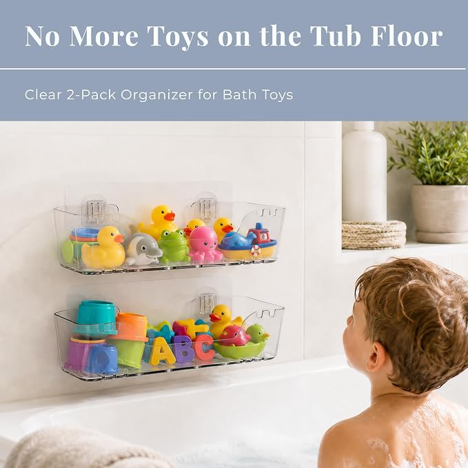 Bath Toy Storage Organizer 2 Pack, Clear Bathtub Toy Storage Holder with Drainage Holes, Quick-Dry Wall Mounted No Drill Bath Toy Holder and Shower Caddy for Kids’ Tub Toys