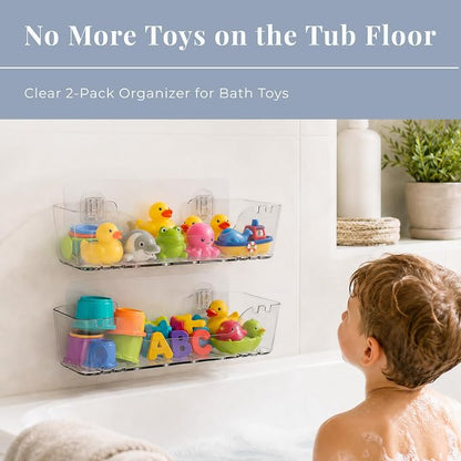 Bath Toy Storage Organizer 2 Pack, Clear Bathtub Toy Storage Holder with Drainage Holes, Quick-Dry Wall Mounted No Drill Bath Toy Holder and Shower Caddy for Kids’ Tub Toys