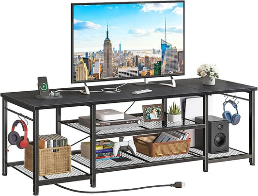YGEOMER TV Stand for Up to 75 Inch TVs, Entertainment Center with Power Outlet and Open Storage Shelves, TV Media Console Table for Living Room and Bedroom, Black