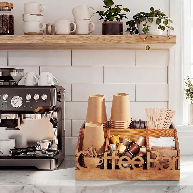 Coffee Station Organizer for Counter Wood Countertop Accessories Organizer Coffee Pods Holder Storage Basket for Pods Condiment Syrup Tea Cups Stirrers for Rustic Bar Decoration(Natural)