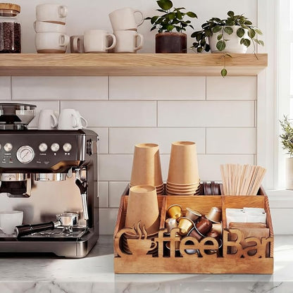 Coffee Station Organizer for Counter Wood Countertop Accessories Organizer Coffee Pods Holder Storage Basket for Pods Condiment Syrup Tea Cups Stirrers for Rustic Bar Decoration(Natural)