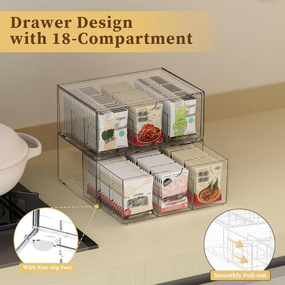 2 Pack Clear Tea Bag Organizer, Stackable Drawer Organizer with Dividers for Pantry Bathroom Vanity Kitchen - Cabinet Countertop Shelf Plastic Storage Bins for Coffee/Makeup/Cosmetic/Crafts/Jewelry