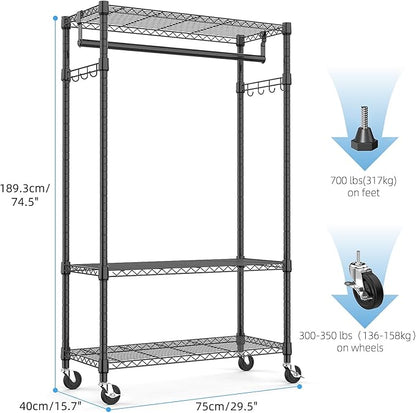 Heavy Duty Rolling Garment Rack 3 Tiers Adjustable Wire Shelving Clothes Rack with Rods and Side Hooks,Storage Closet Clothing Rack with Wheels Black 15.7" D x 29.5" W x 74.5" H
