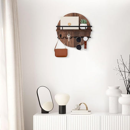 Nekon Key Holder Wall Mount, 11.8 Inch Rack With Shelf and 6 Hooks, Rustic Mail Organizer, Circular Wooden Hanger for Entryway Hallway Kitchen (Brown)