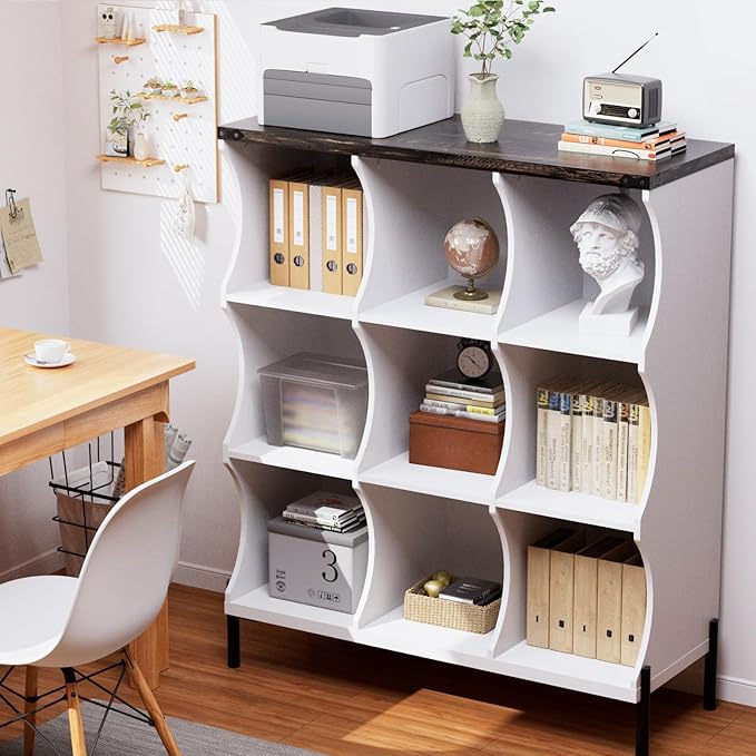 9 Cube Book Shelf, Low and Short Bookshelf, Long Cube Storage Organizer Wood TV Stand, Toy Organization DVD Cabinets for Living Room, Office, Bedroom, Dorm, White with Dark Brown Top