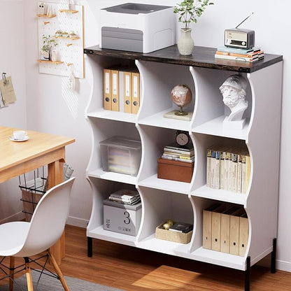 9 Cube Book Shelf, Low and Short Bookshelf, Long Cube Storage Organizer Wood TV Stand, Toy Organization DVD Cabinets for Living Room, Office, Bedroom, Dorm, White with Dark Brown Top