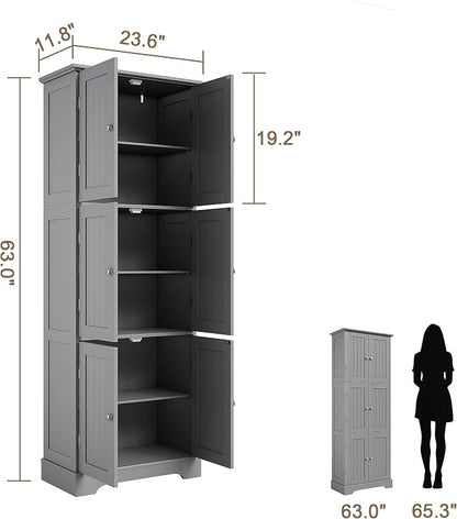 ChooChoo Tall Bathroom Storage Cabinet with 6 Doors, Freestanding Floor Cabinet with Adjustable Shelves, Grey Pantry Cabinet for Bathroom, Kitchen, Laundry Room
