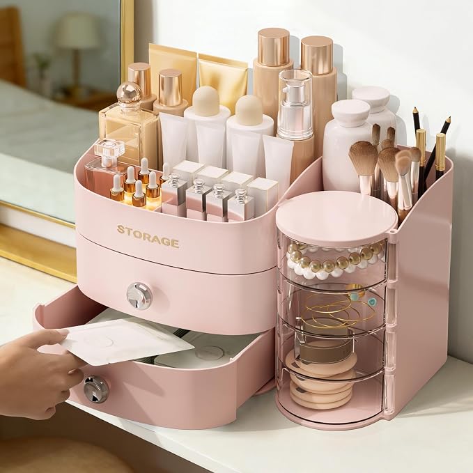 XIAPIA Makeup Organizer Countertop, Make Up Organizer for Vanity, Skincare & Cosmetic Organizers with Drawers, Bathroom Organizers Storage for Brush Holder|Lipstick|Jewelry, Ideal Gift for Women PINK