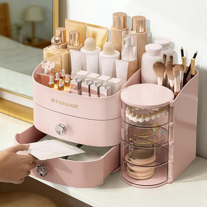 XIAPIA Makeup Organizer Countertop, Make Up Organizer for Vanity, Skincare & Cosmetic Organizers with Drawers, Bathroom Organizers Storage for Brush Holder|Lipstick|Jewelry, Ideal Gift for Women PINK